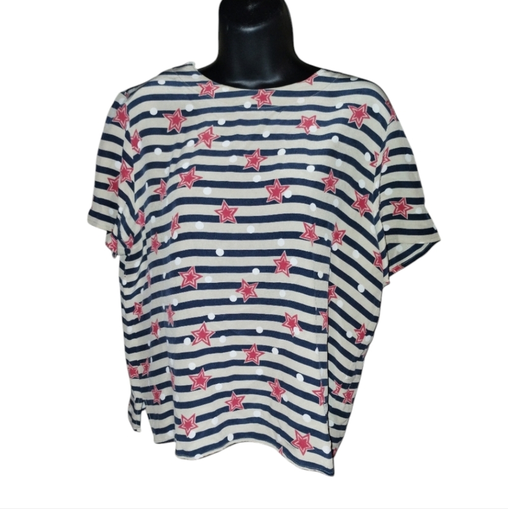Amber Stone 100% silk stars and stripes top short sleeve size medium